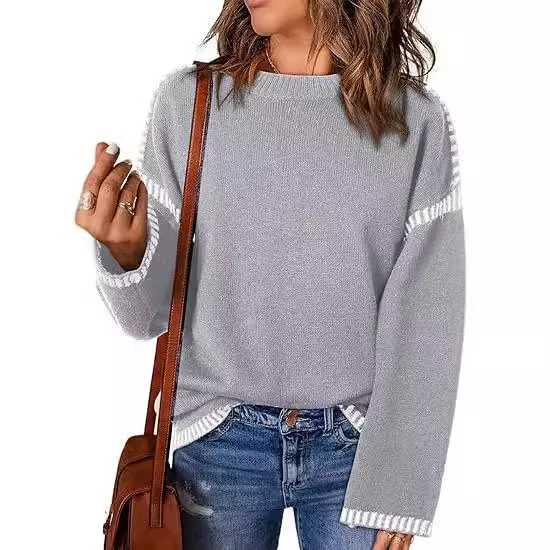 Spot New Women's Solid Color Sweater Thread Splicing Knitted Pullover Sweater Round Neck Long Sleeved Loose Top