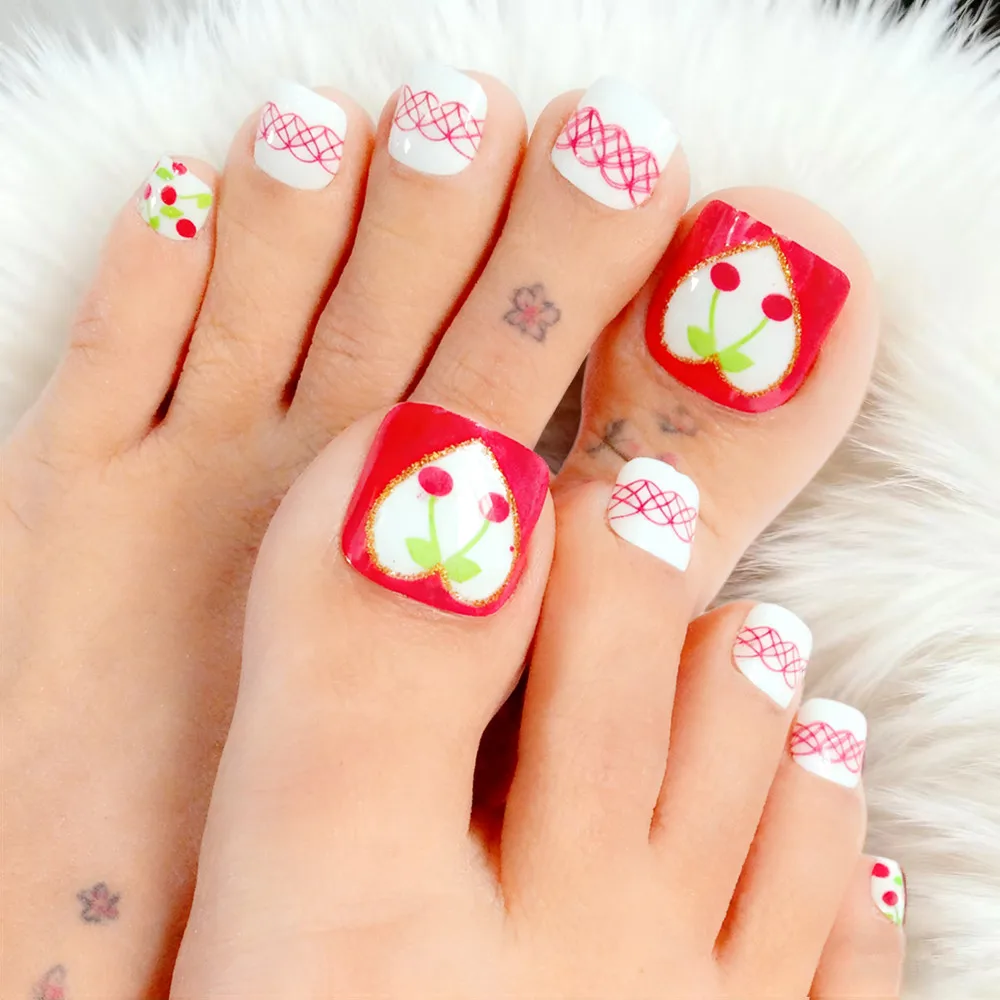 Shiny Red Cherry Acrylic Fake Toe Nails With Glue Lovely Press on Toenails For Woman Easy DIY Manicure Accessories