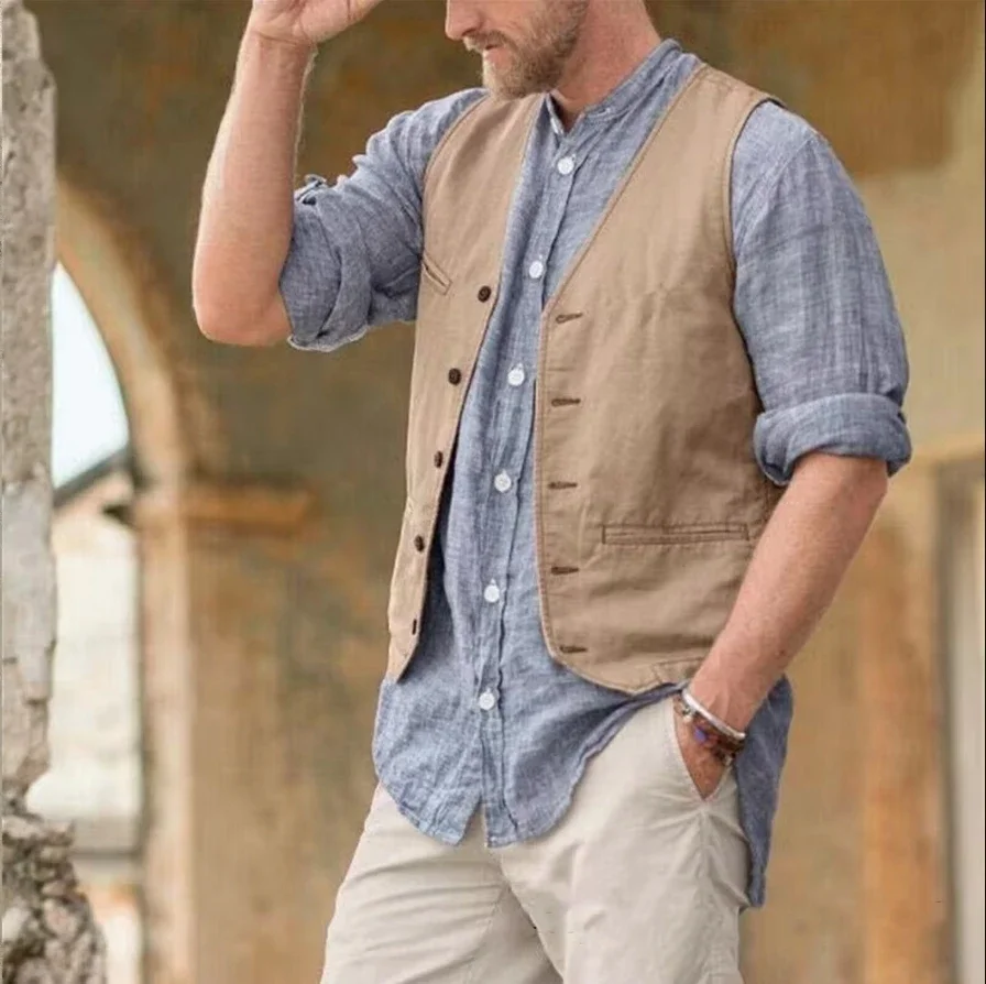 

Men Vest Cotton Waistcoat Classic British Summer sleeveless Skin Friendly and Sweat Absorbing Thin Coats terno masculino