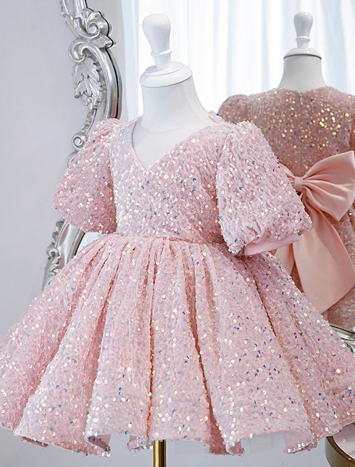 2022 Princess lunghezza al ginocchio Flower Girl Dresses Party paillettes manica corta gioiello collo con fiocco Vestidos De Novia muslimex ex 0.