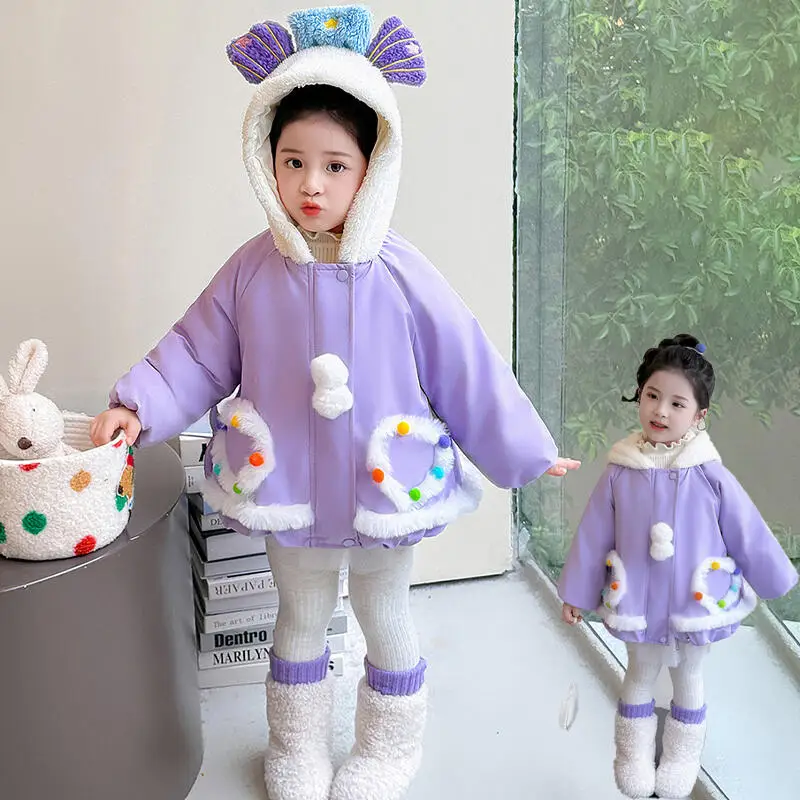 Lolita Cotton Coat Mermaid Sweet for Girls Winter Warm Jacket Kawaii Thickened Outerwear Princess Fleece-Lined Hooded Coat Gift