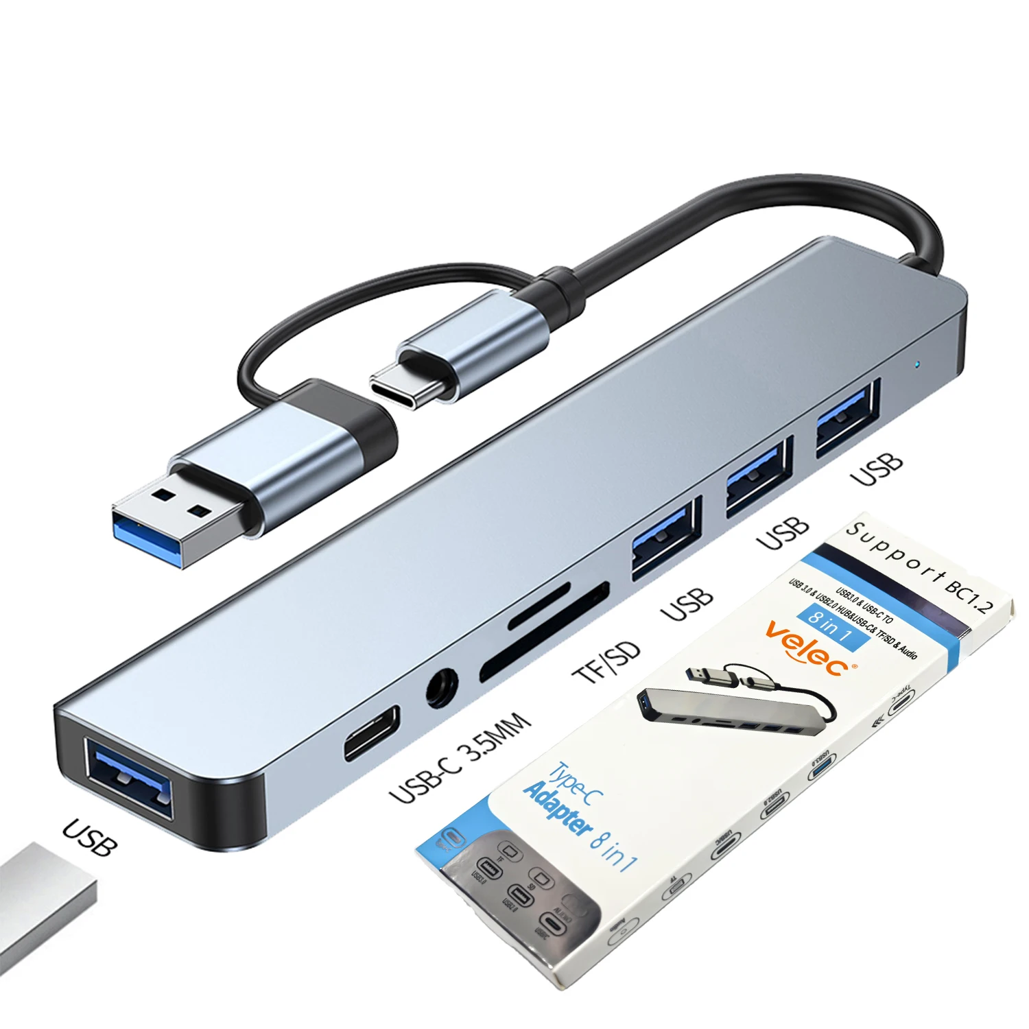 Velec 8 in 1 USB C Hub Dual USB-A USB-C Adapter 4 USB 3.0 SD TF Card Reader 3.5mm Jack Expansion Dock for Laptop PC MacBook