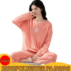 Spring Autumn Womens Polyester Pajama Sets DOTS Sleepwear Cartoon Nightwear PJ Homewear Women's Simple Casual Suits Big Size 5XL