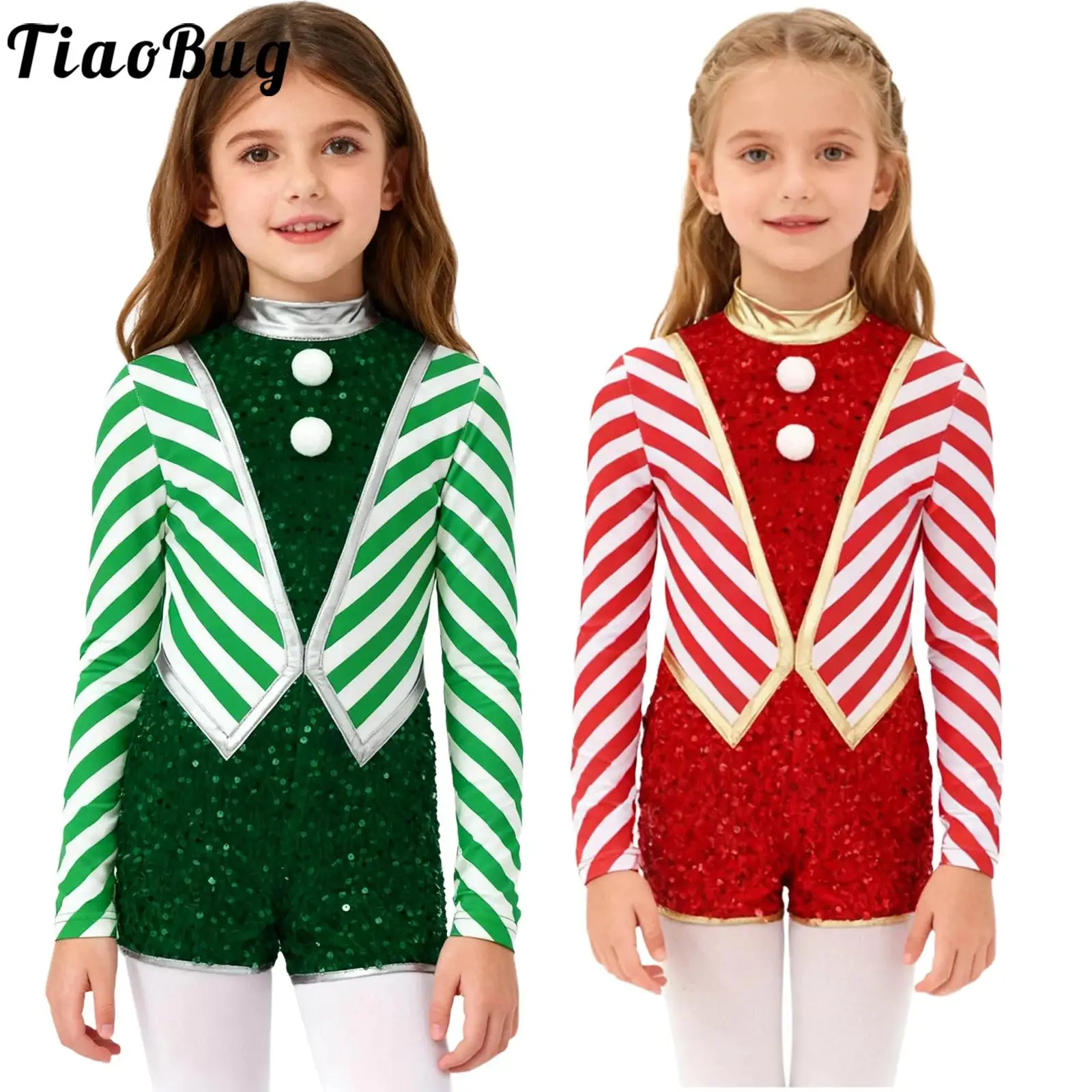 

Girls Christmas Stripes Candy Cane Costumes Leotards Unitards Jazz Dancewear Long Sleeve Sequins Pompoms Jumpsuit Xmas Party