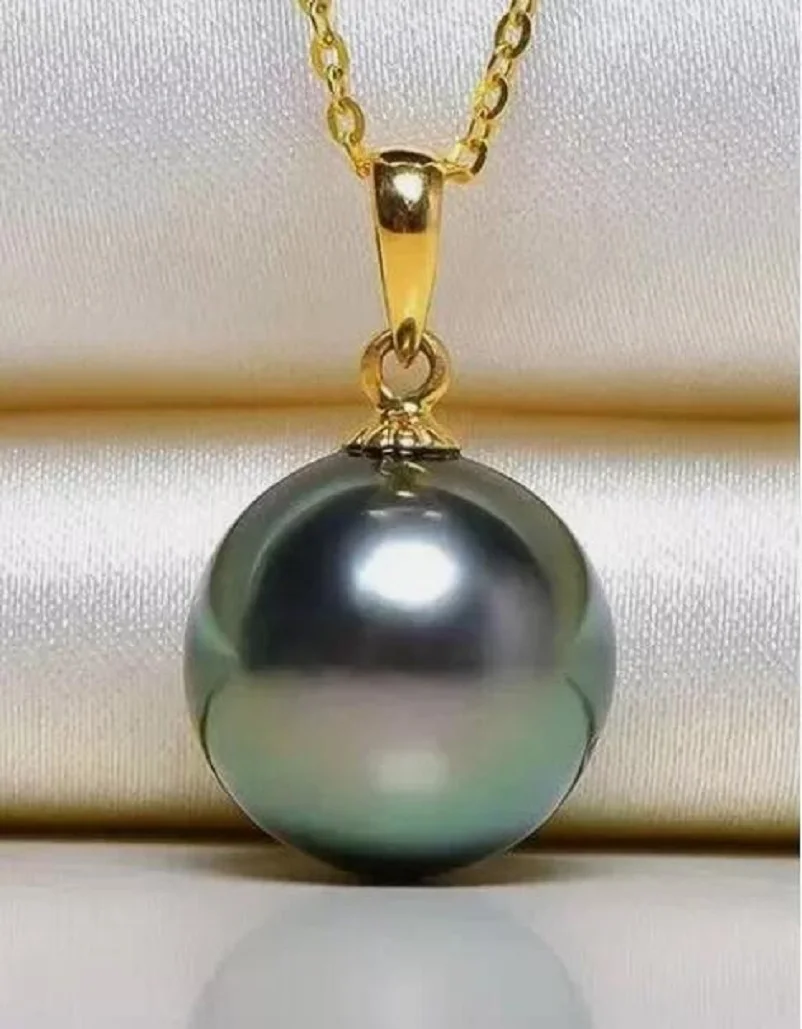 AAA11- 12mm Authentic South Sea Black Green Pearl Necklace Pendant 18kAU750 18in