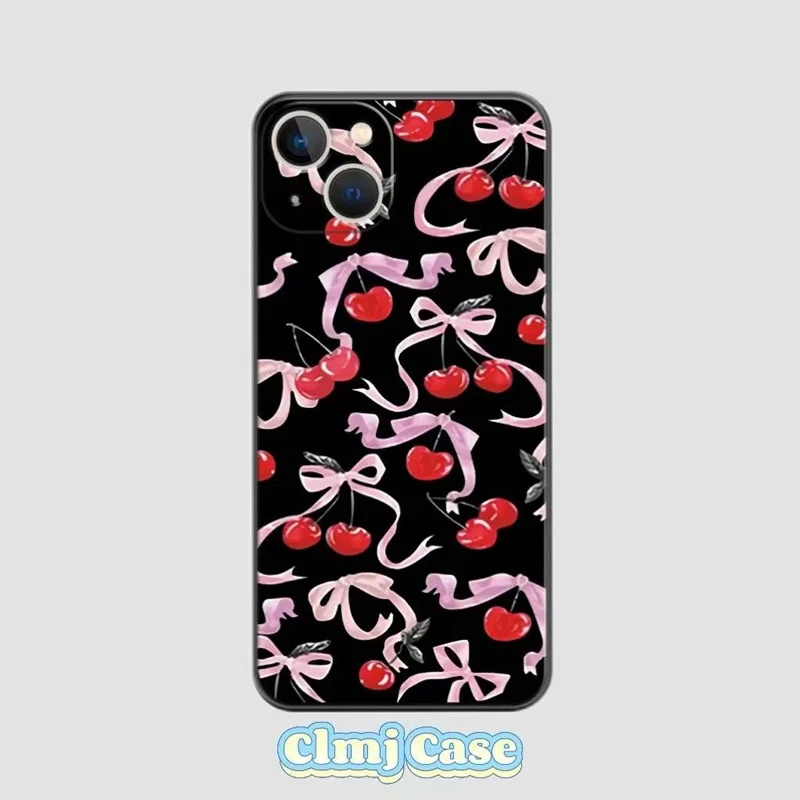 Clmj Korean Cherry Bow Phone Case For iPhone 16 11 13 12 Mini 14 Plus 15 Pro X XS Max XR 7 8 Se 2020 Silicone Protective Case