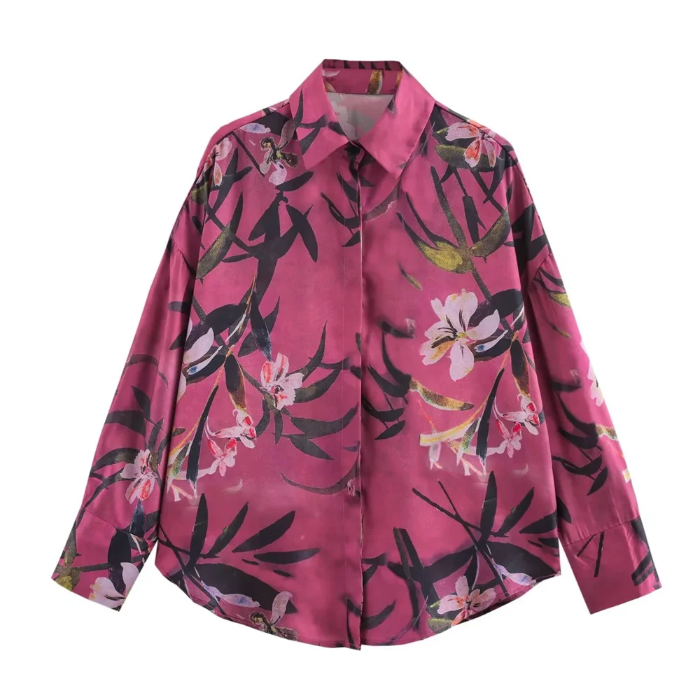 

Taop&Za 2024 silk satin texture floral print temperament lapel single breasted long-sleeved shirt for women