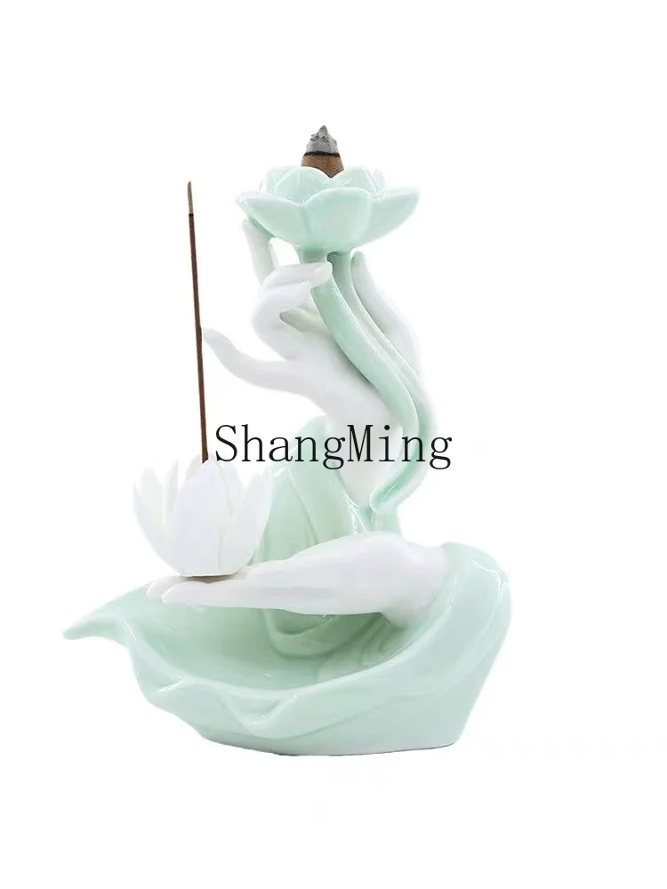 

HJ Creative Ceramic Bergamot Lotus Backflow Incense Burner Home Indoor Retro Sandalwood Burner Ornament
