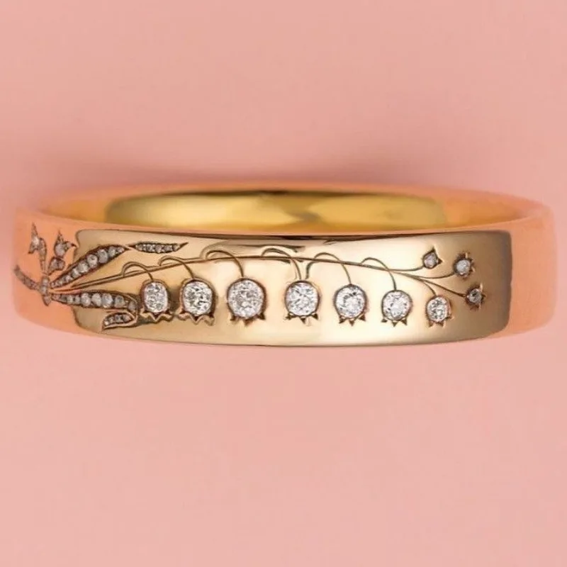 Minimalist Inlaid White CZ Branch Women's Ring Trendy Golden Color Hand Carving Daily Wear Party Jewelry Anniversary Gift