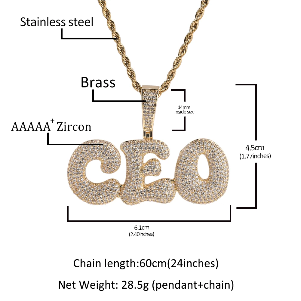 THE BLING KING Custom Bubble Letters Pendant Necklace For Men Micro Paved Cubic Zirconia DIY Name Charm Chain Hip Hop Jewelry