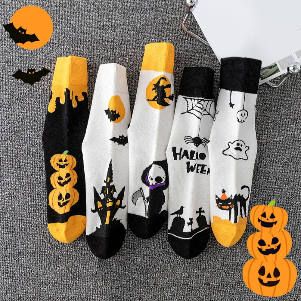 Halloween Socks Mid-Calf Socks Spider Web Pumpkin Bat Death Hosiery Funny Socks Breathable Cartoon Pattern Street Socks White