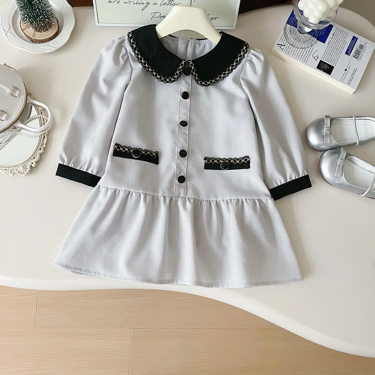 

2025 Autumn Girls Doll Collar Dress Korean Style Long Sleeve Ruffled Lapel Dresses Elegant Toddler Kids Children's Clothing