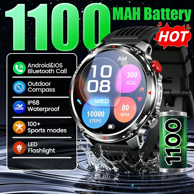 New Built in 1100mAh Battery Men's Smart Watch Outdoor Compass IP68 Waterproof LED Flashlight 100+Sport Mode BT Call Smartwatch
