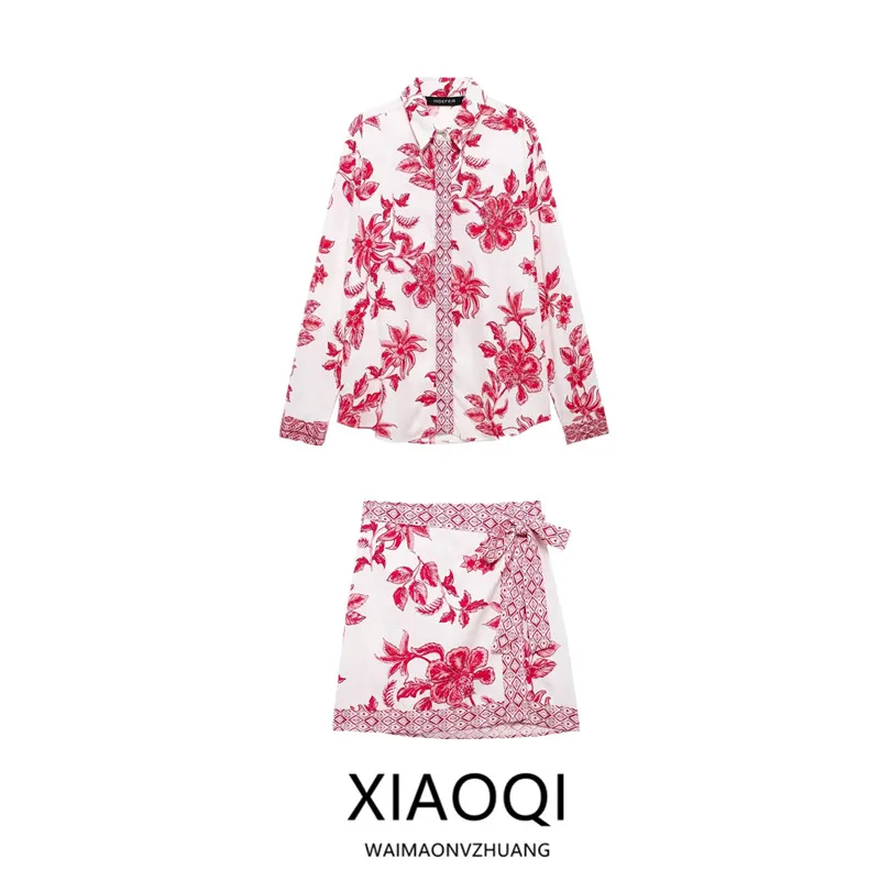 

Summer 2024 Women's High Waist Floral Print Shirt Halter Neck Skirt Fashion Set High Quality Cotton Traditional Pattern