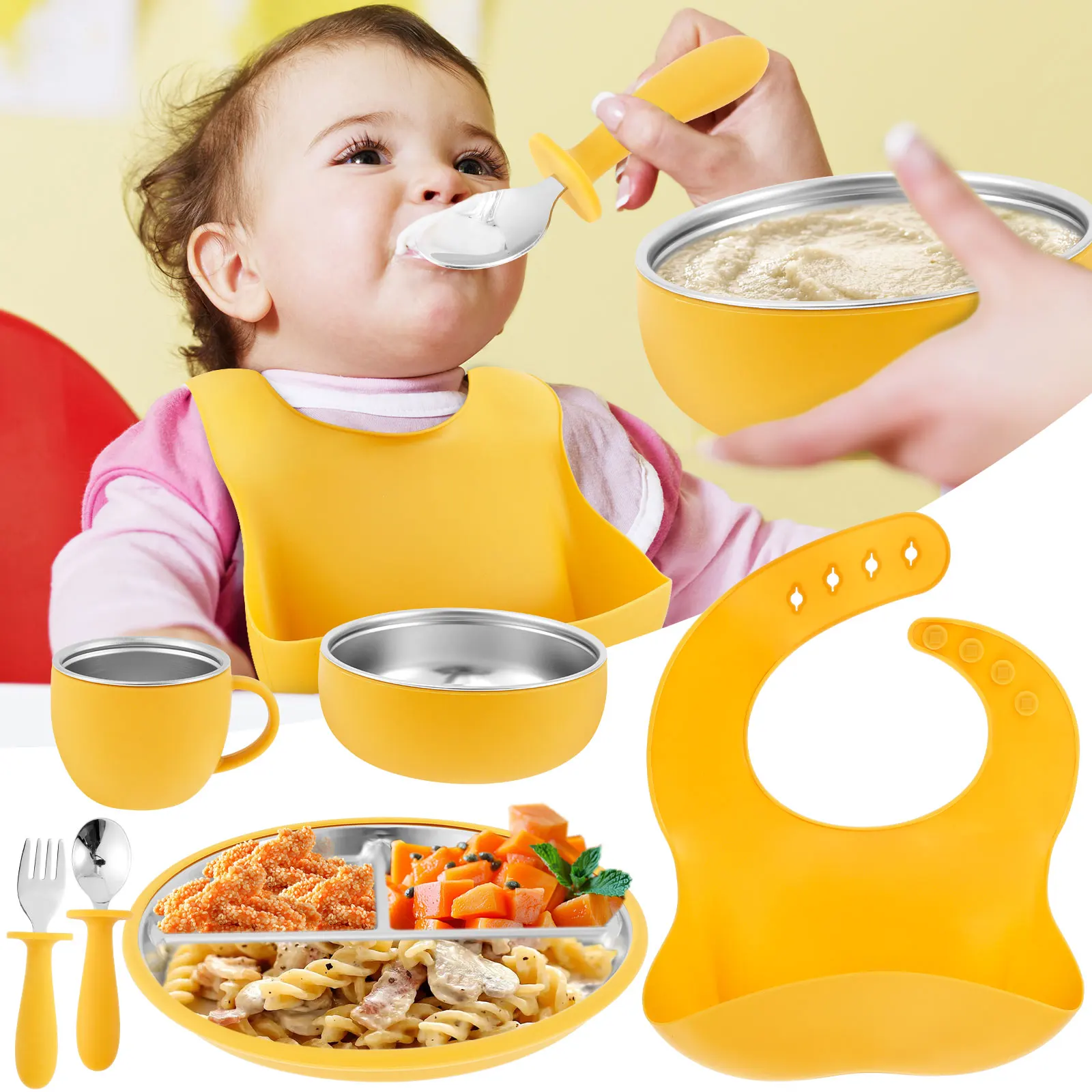 

Набор детских тарелок и мисок из нержавеющей стали, силиконовый корпус, противоожоговые тарелки для самостоятельного кормления для малышей, набор нескользящей посуды