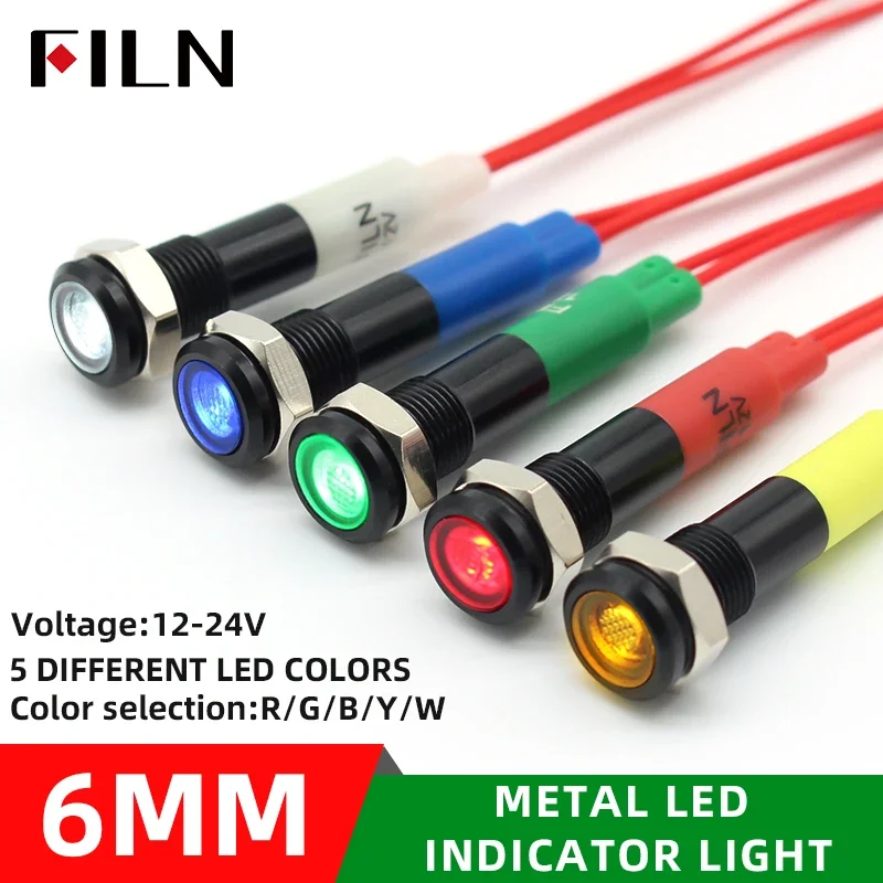 FILN 1pc 6mm mini 12v 24V LED metal indicator light flat signal lamp red green blue orange white with 20cm cable