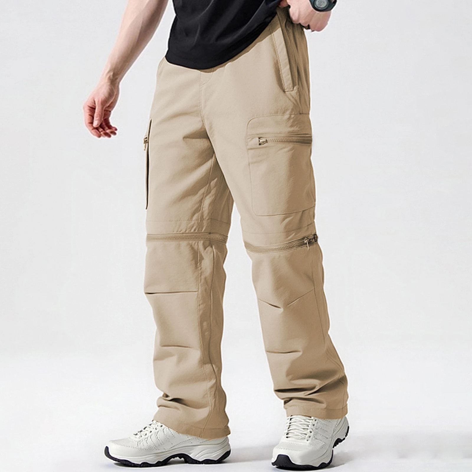 Herren-Zwei-Wege-Langhose, leichte Herren-Wanderhose, modische, lässige, einfarbige Cargohose mit geradem Bein für die Arbeit im Freien