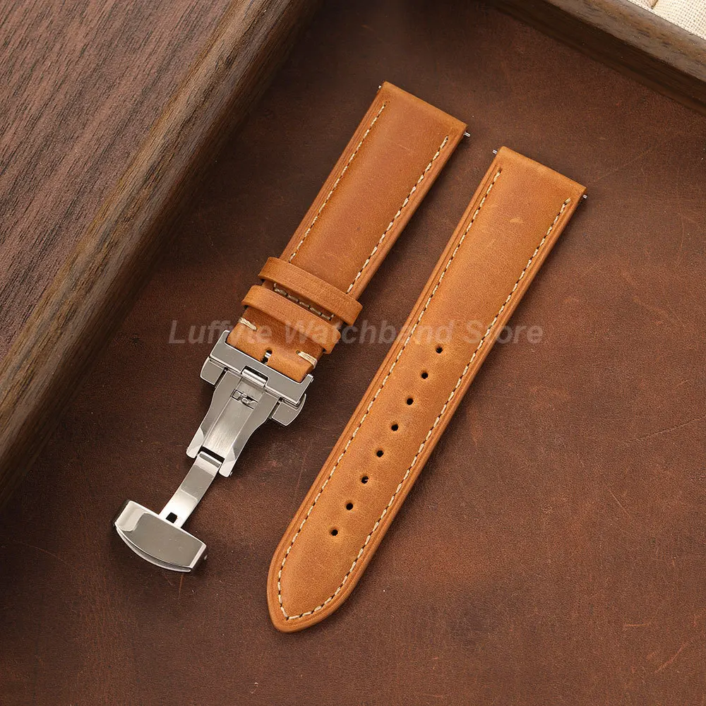 Crazy Horse Leather Watch Strap Quick Release Design Stainless Steel Butterfly Buckle 18/20/22mm Men's Watch Accessories image 3
