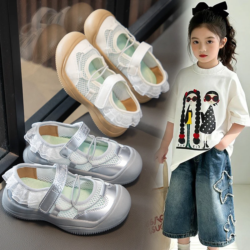 

Girls Summer Mesh Princess Shoes with Lace Soft Sole Non Slip Beach Sandals Fashionable Breathable Children Footwear for Kids