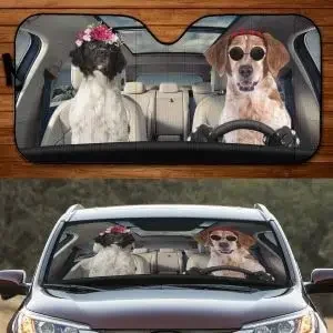 Funny Brittany Spaniels Driving Wreath and Eyeglasses Dog Family Car Sunshade, Brittany Spaniel Car Window Sun Cover, Car Windsh