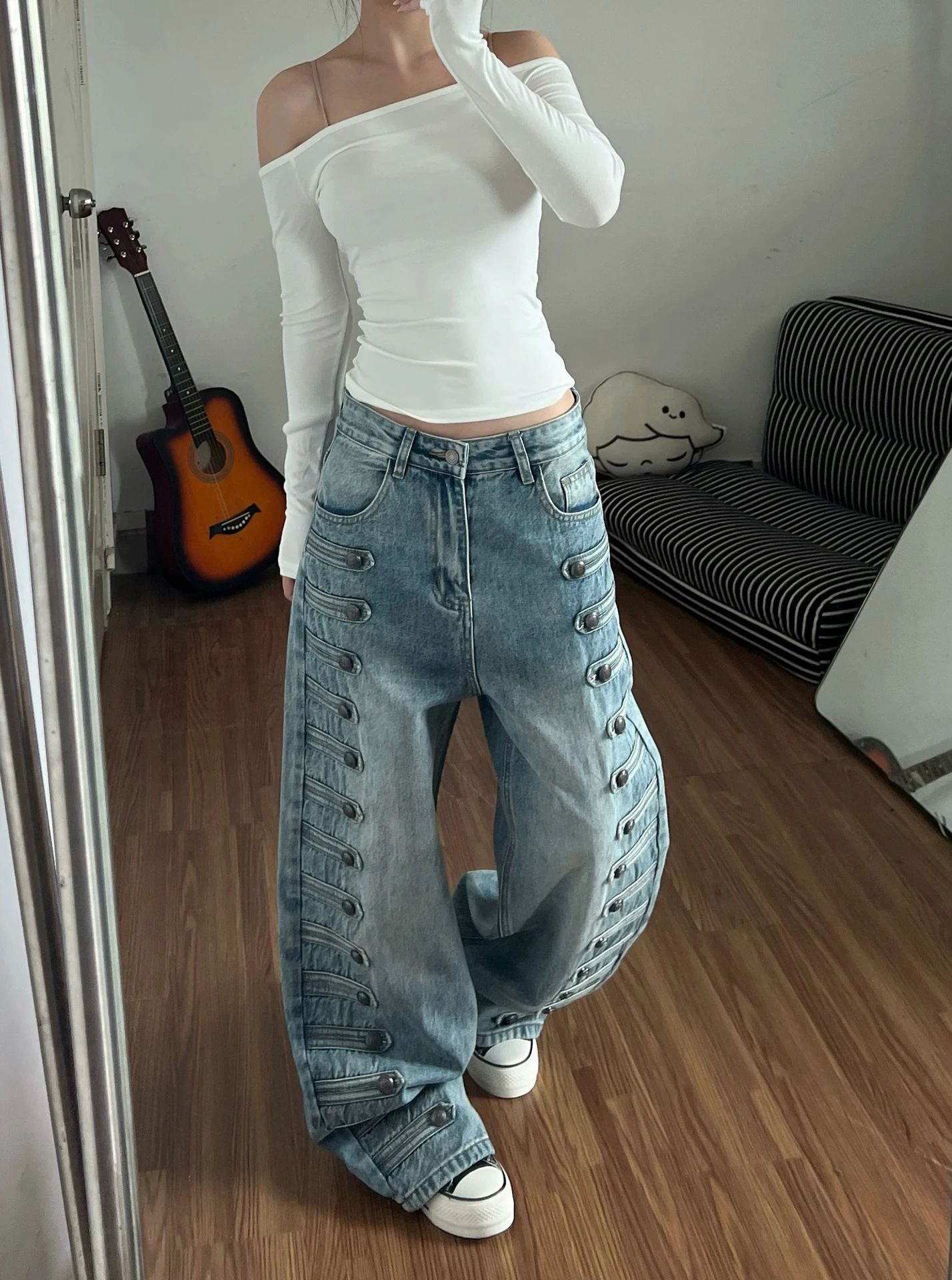 American-style court style women's new model metal-fastened unique design loose wide-leg long pants with metal buckles Y2K Punk