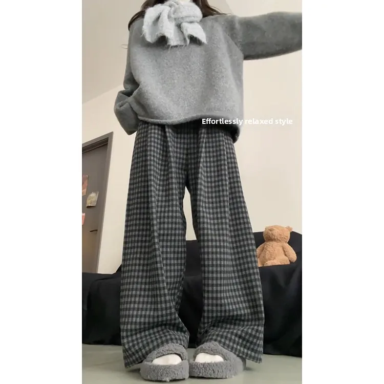 Retro Lazy Sle Wide Leg Pants Women's Autumn Winter Thiened High Waist Casual Woolen Plaid Pants Korean Sle Straight Leg