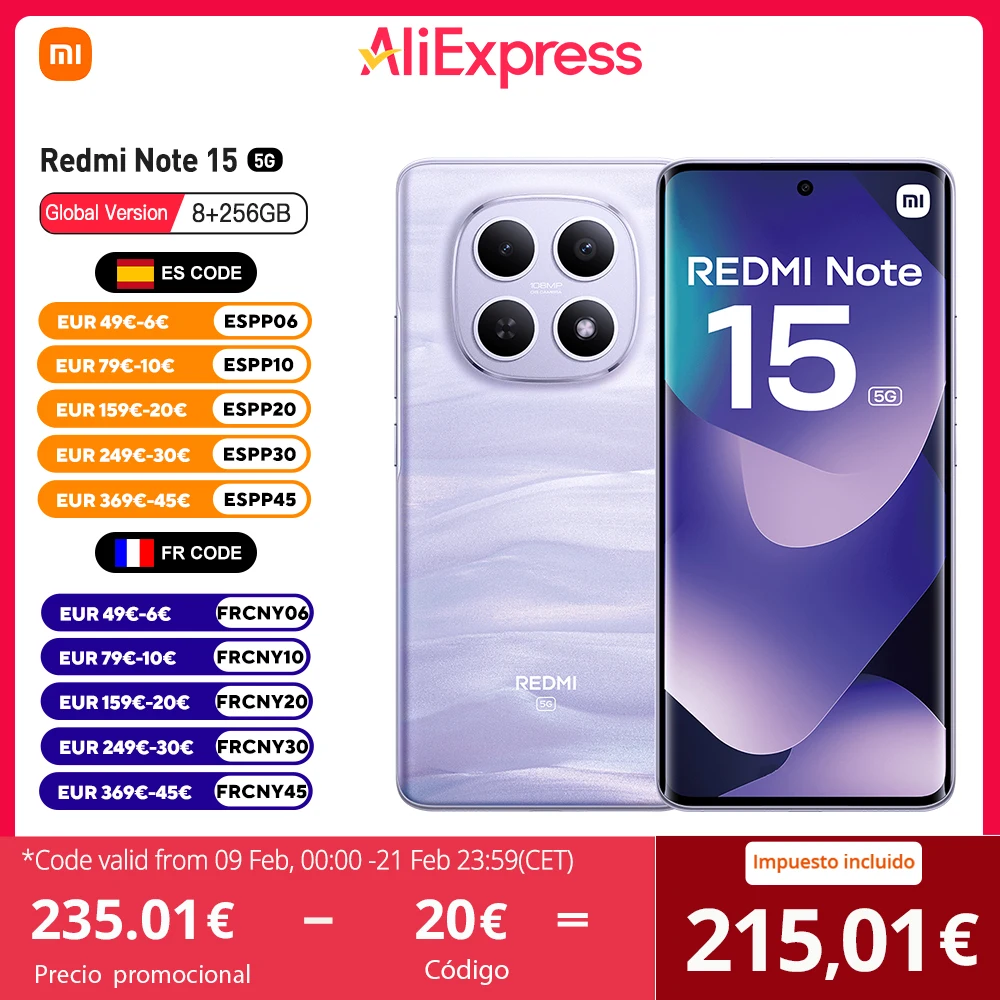Xiaomi Redmi Note 15 5G Versión Global 8GB 256GB Snapdragon 6 Gen 3, 6.77", 120Hz, 5520mAh,108MP OIS, IP65, NFC, Sin Cargador