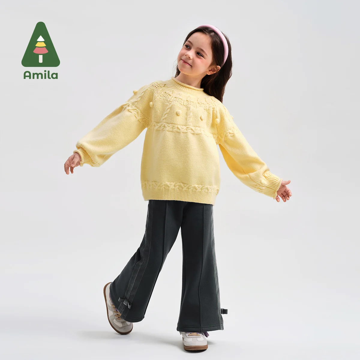 Amila Baby Sweater 2024 Winter New High Quality Solid Color Lantern Sleeve Round Neck Casual Loose Soft Children‘s Pullover