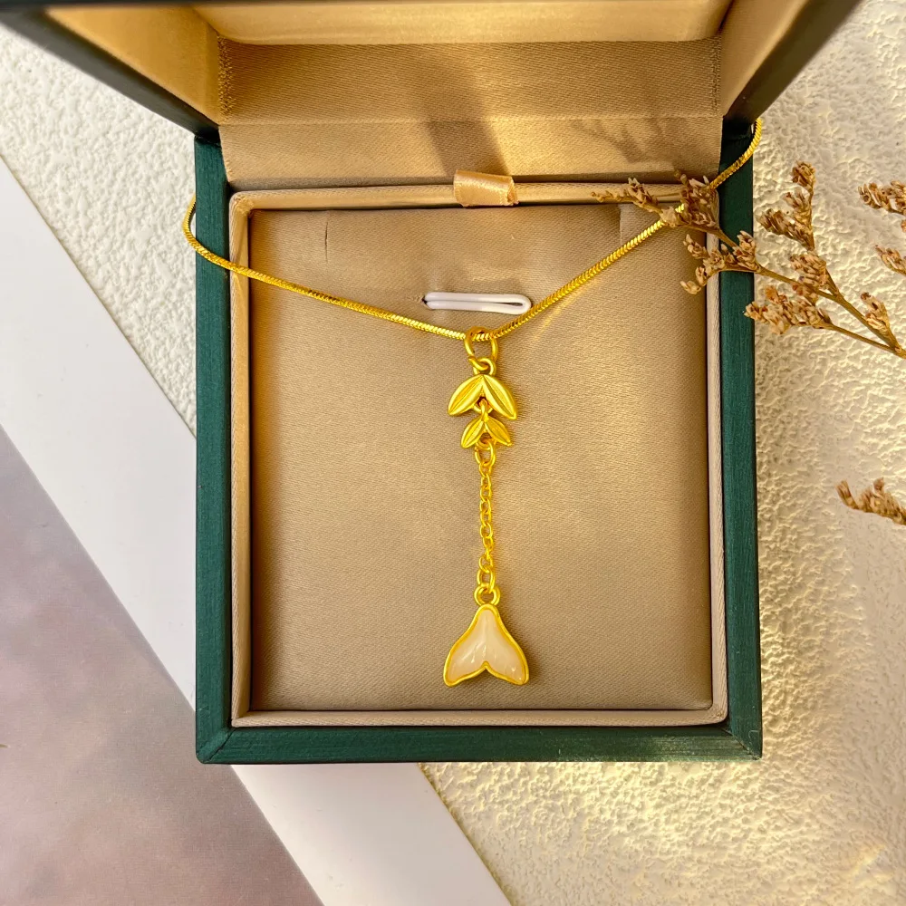 Gorgeous and Exquisite Ancient Law Gold Color Whale Tail Pendant Necklace for Women's Fashion High End Luxury Banquet Necklace