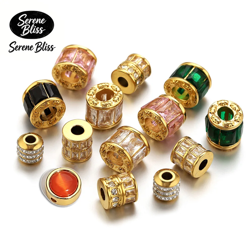 2/5pcs Stainless Steel Zircon Spacer Beads Large Hole Gold Plated Bead for DIY Vintage Jewelry Making Bracelet Necklace Supplies