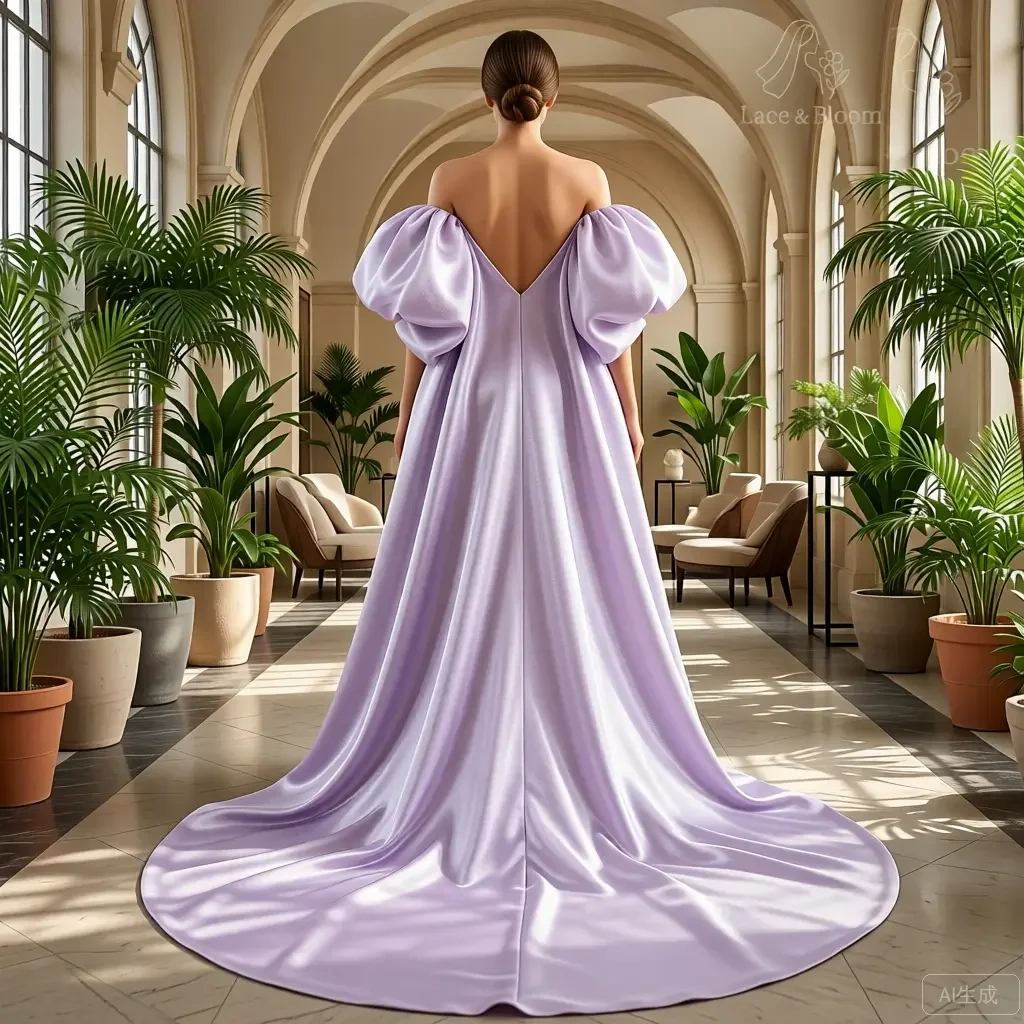 

Elegant Lavender Puffed Sleeve Evening Gown with Deep Backless Design Long Train Party Wedding Guest Outfit Vintage Shawl