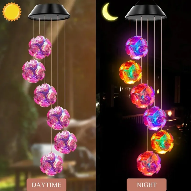 1pc solaire alimenté couleur changeante rose boule brodée fleur vent carillon lumière étanche extérieure veilleuse suspendue lampe solaire