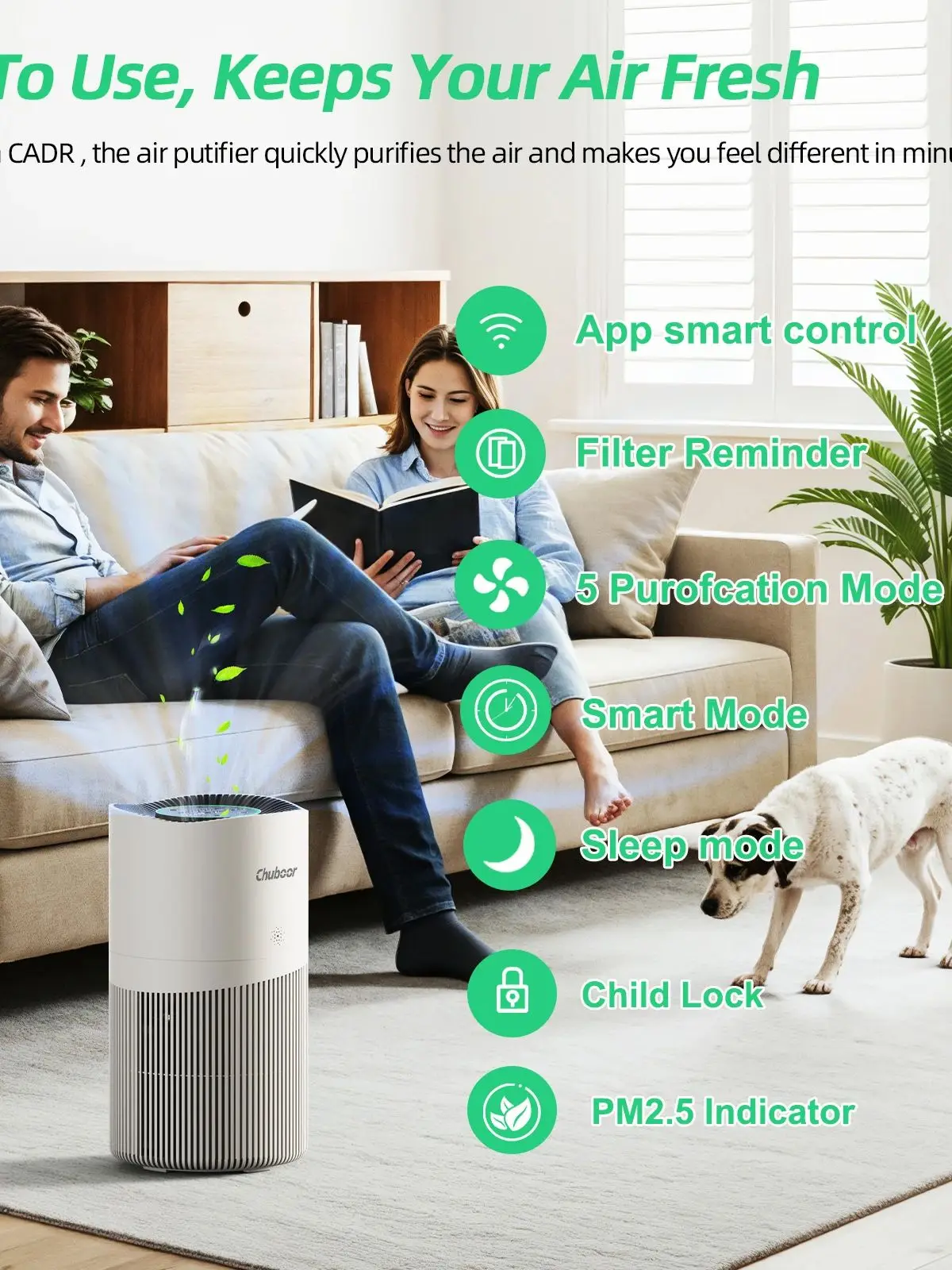 Chuboor PJ10 Luftreiniger für Zuhause, 120 m² große Wohnungen, 402 m³/h CADR, H13 HEPA-Filter, Entfernt Tierhaare und Gerüche, Rauch, PM2.5, Küchengeruch, Pollen und Allergene, 23 dB, extrem leise,