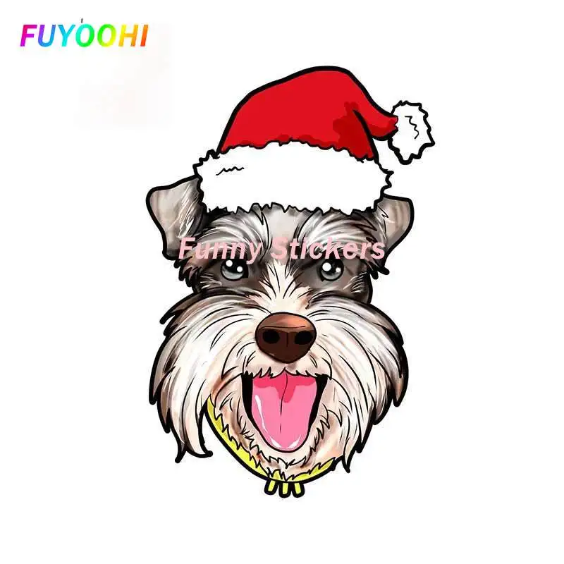 FUYOOHI Exterior/Protection Funny Stickers Miniature Schnauzer Christmas Hat Present Dog Car Sticker Personality Vehicle Decal