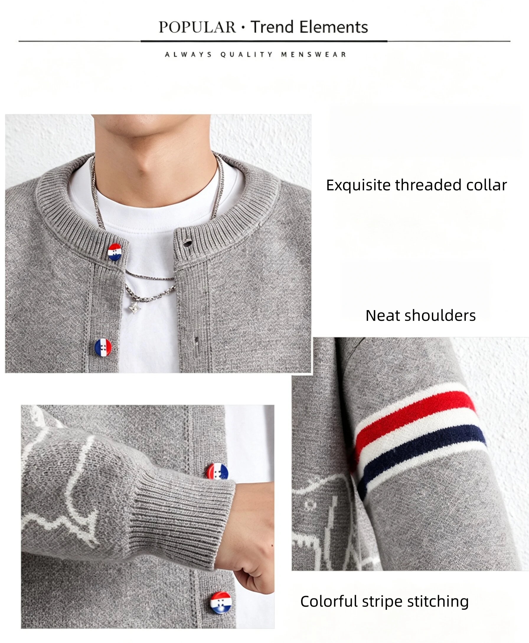 Hochwertige Herren-Strickjacke, Designer-Neuheit mit Hundeaufdruck, Rundhalsausschnitt, Frühling/Herbst, Klassischer Knopf, Gestreifter Modischer Freizeitpullover – Detail 4