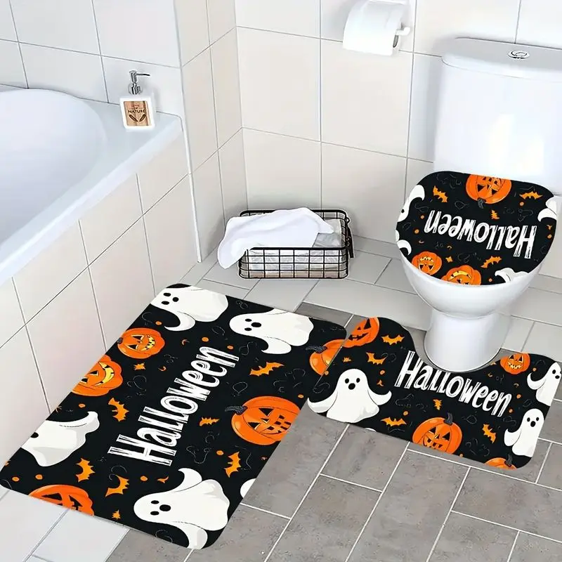 VIKAMA Halloween Bathroom Mat Set 3‑Pcs Pumpkin Ghost Bat Print Washable Non‑Slip Toilet Lid Cover U‑Shaped Bath Rug Home Decor