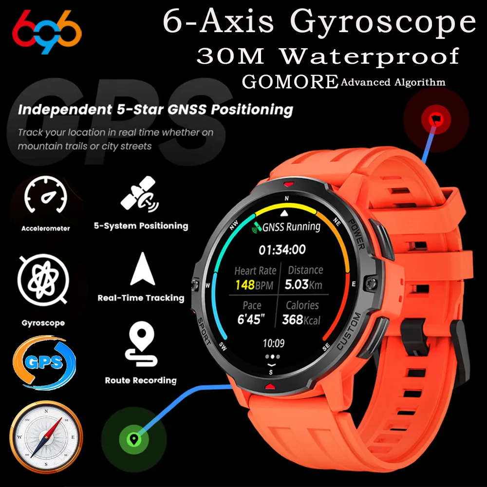 

Новый 6-осевой гироскоп, пульсометр, здоровье, спорт, умные часы, GNSS, позиционирование, GPS, 30 м, водонепроницаемые умные часы, компас для вызова с синим зубом