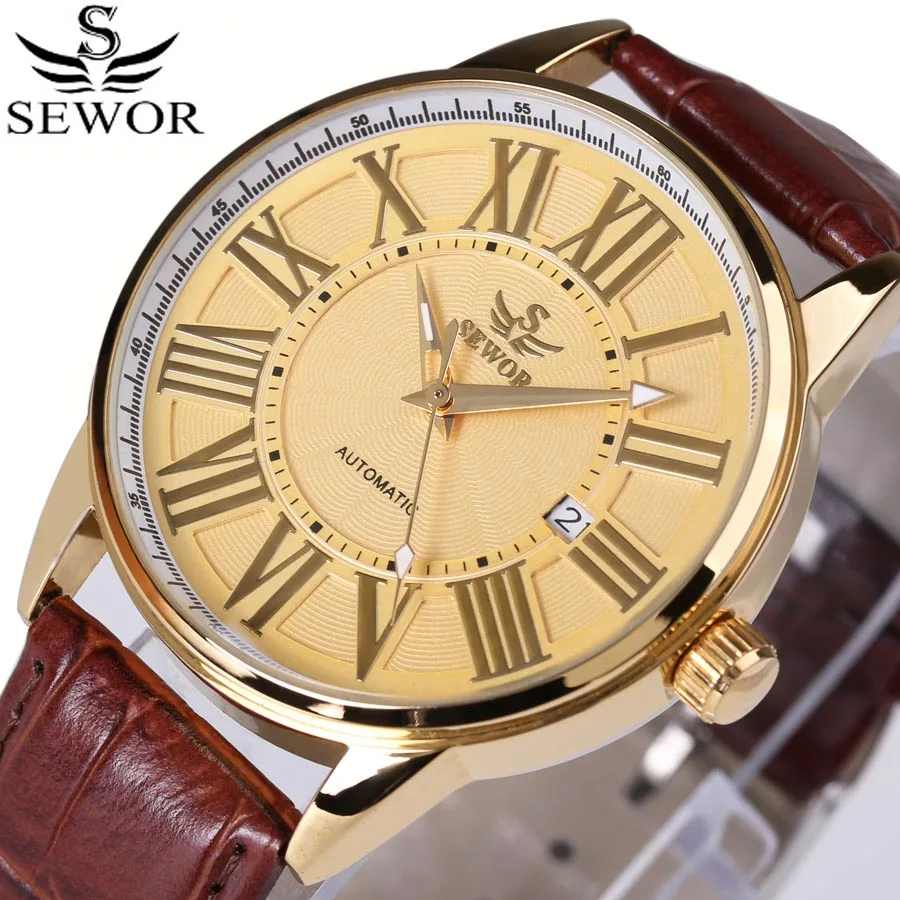 

Sewor Watch Men Top Brand Luxury Gold Mechanical Wristwatches Leather Band Auto Date Automatic Mechanical Watches Men Reloj