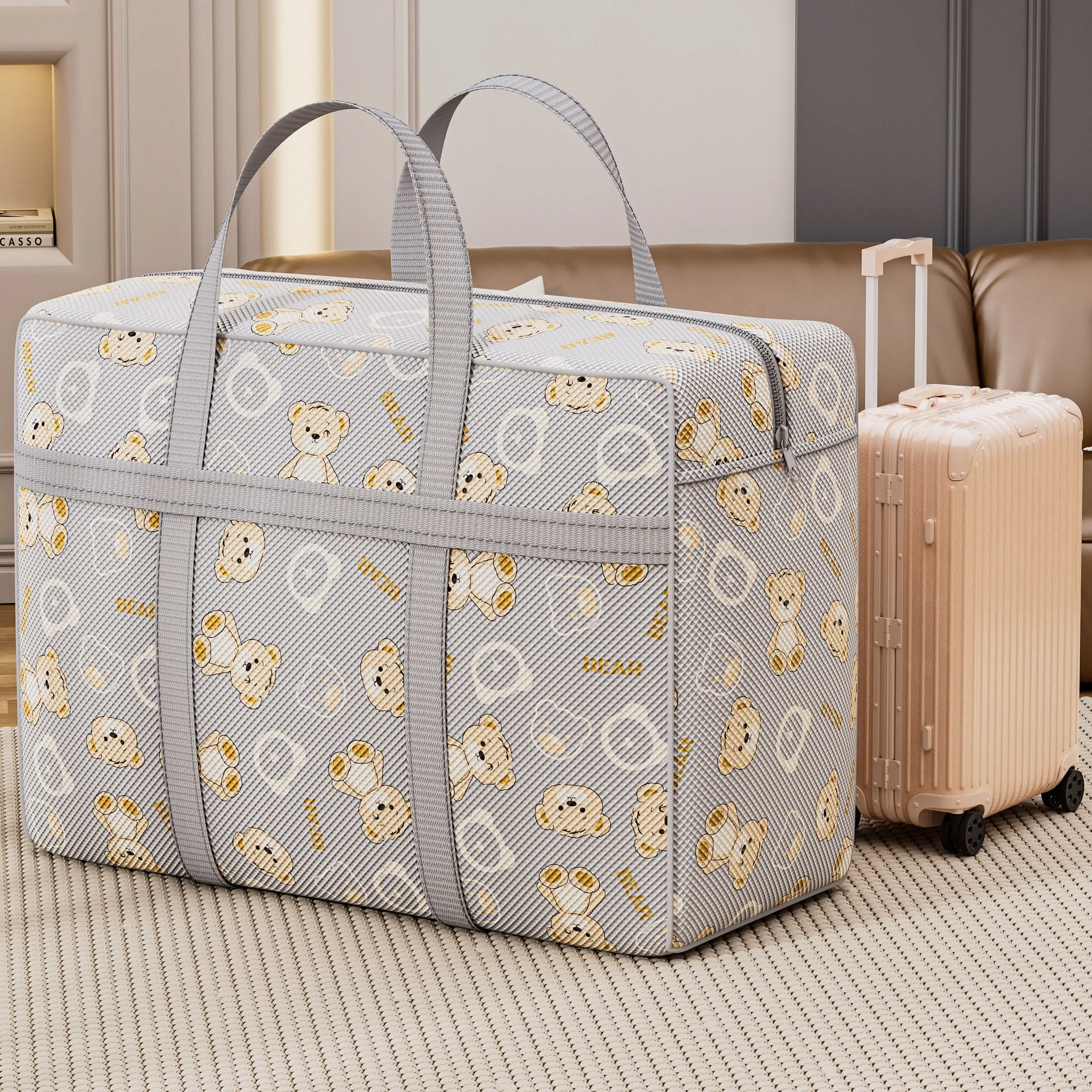 Foldable Luggage Organizer Bag with Cartoon Bear Pattern, Large Capacity Space-Saving Travel Storage Bag, Durable Polyester Bag image 3