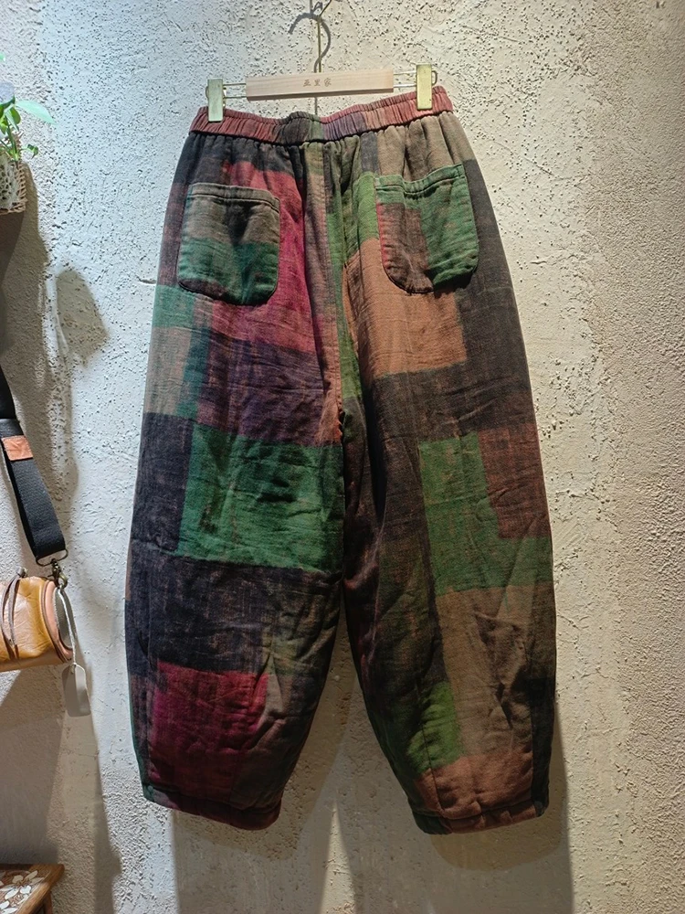 Women Cotton Linen Casual Pants New Arrival 2025 Winter Vintage Style Plaid Pattern Loose Female Thick Warm Padded Pants M2254