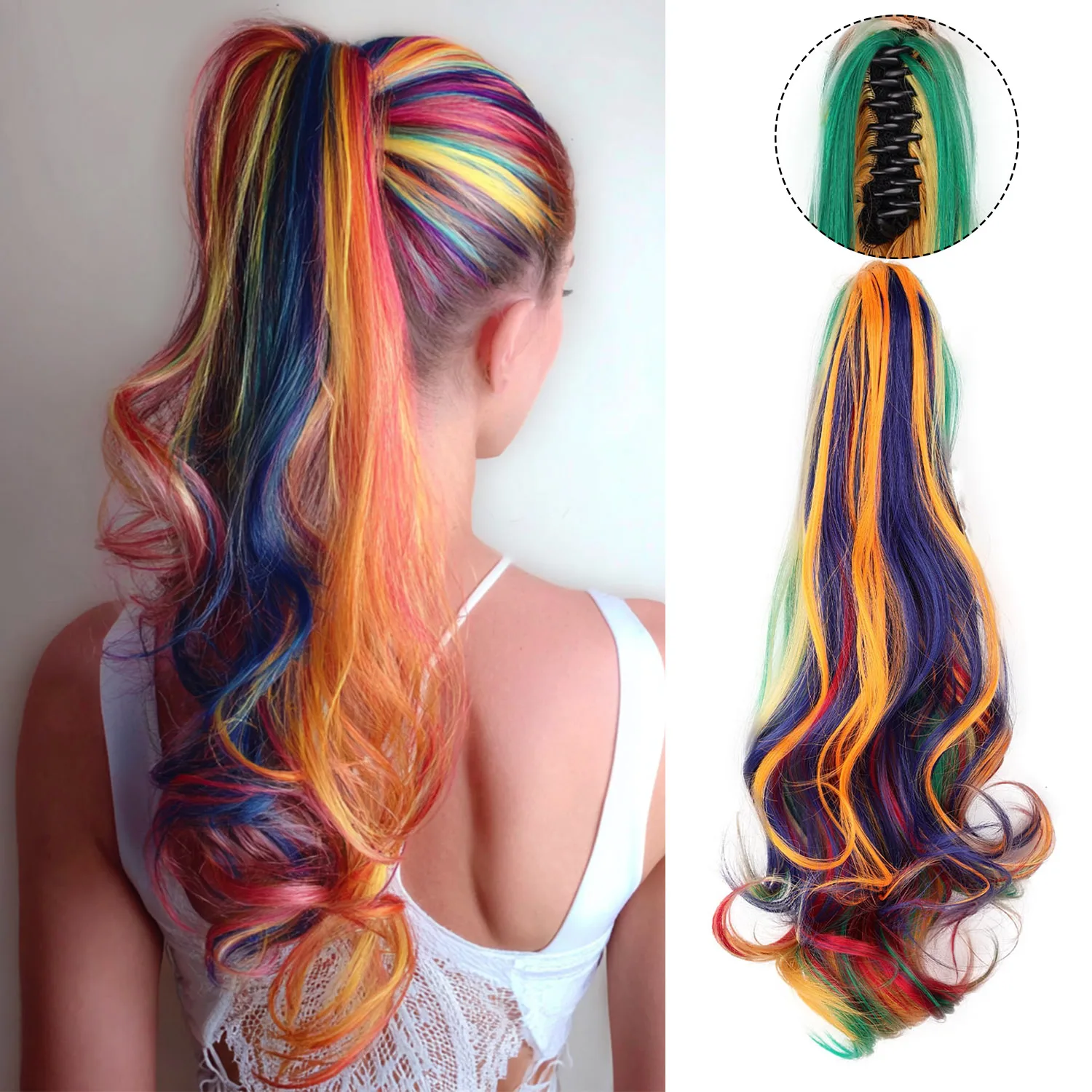 Synthetic Claw Clip Ponytail Hair Extension, 22 Inch Long rainbow Ponytail Extension Hair For Women Pony Tail Hair Hairpiece