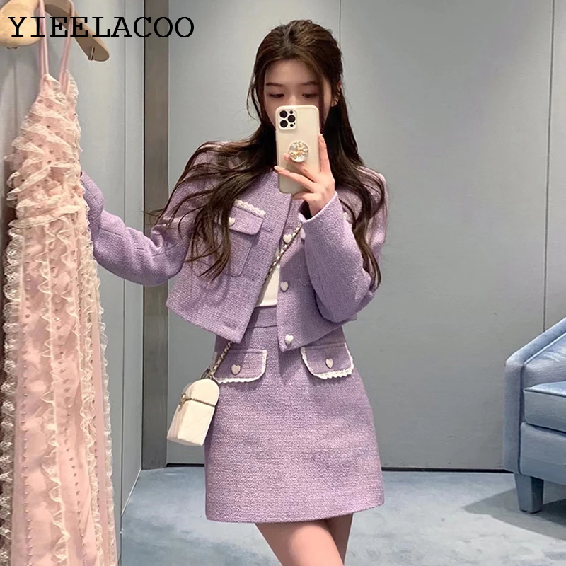 Purple Tweed jacket + Skirt Suit  Professional Set fringed jacket  Women's  Coat Autumn/Winter 2-Piece Set