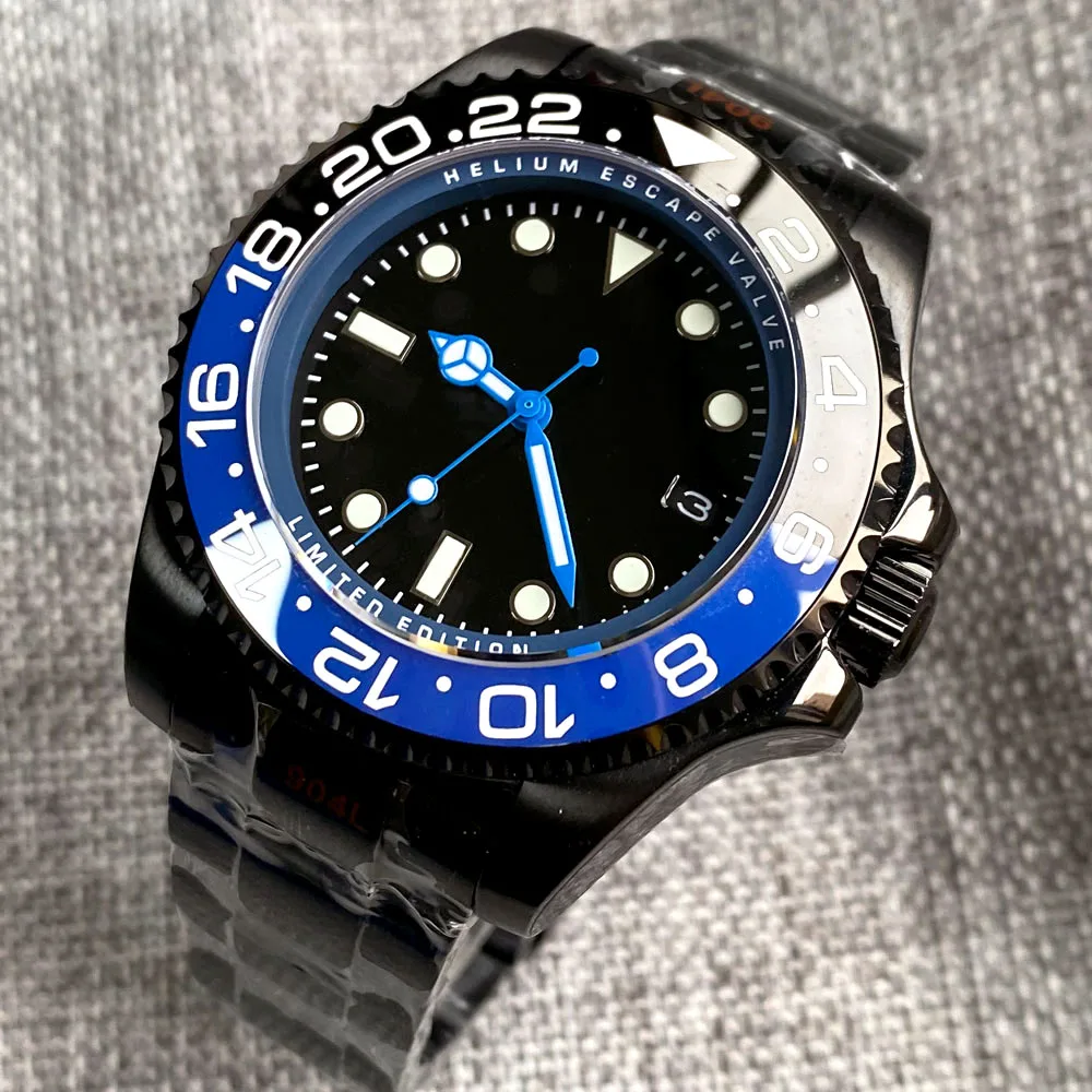 NH35A PVD Black SEA Automatic Watch for Men Blue Watch Hand Sterile Black 43mm Steel Wristwatch