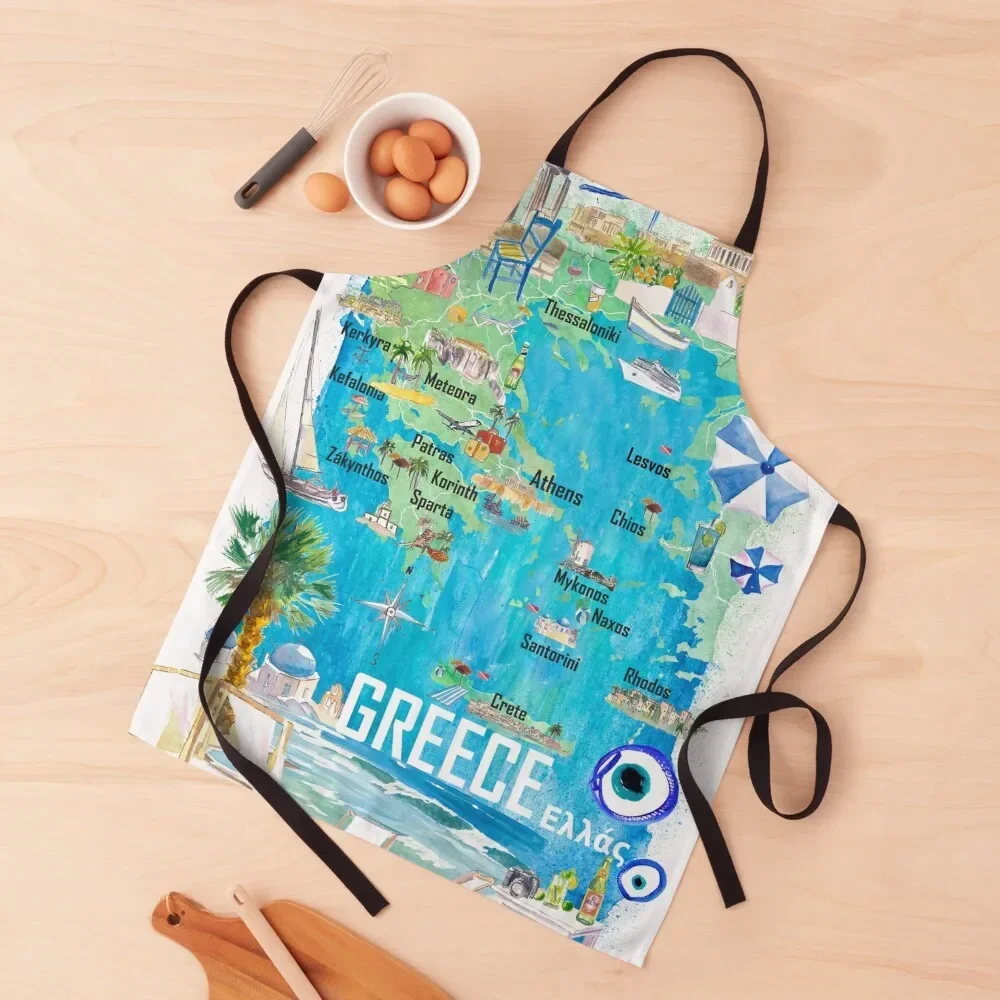 Greece Illustrated Travel Map in Mediterranean Aegean Adriatic Seas with Roads and Tourist Highlights Apron Camping Apron