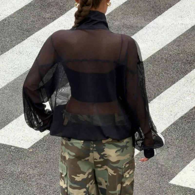 Women's Mesh Sweatshirt Jacket Zip Up Stand Collar Contrast Stripe Long Sleeve Frog Button Loose Fit Y2K Streetwear