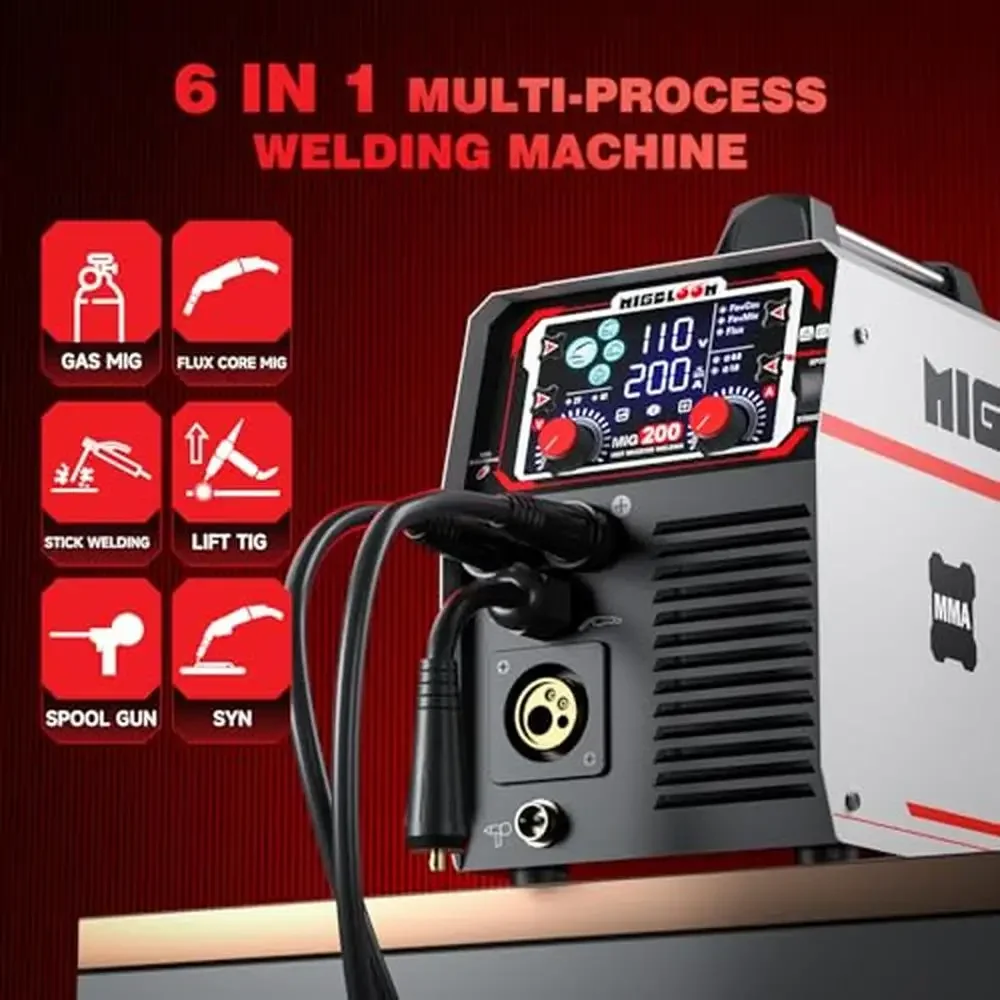 200A 6in1 Gasless MIG Welding Machine 110V/220V Digital LCD Display Multiprocess Welder Flux Core Stick TIG Spool Gun Sync Mig