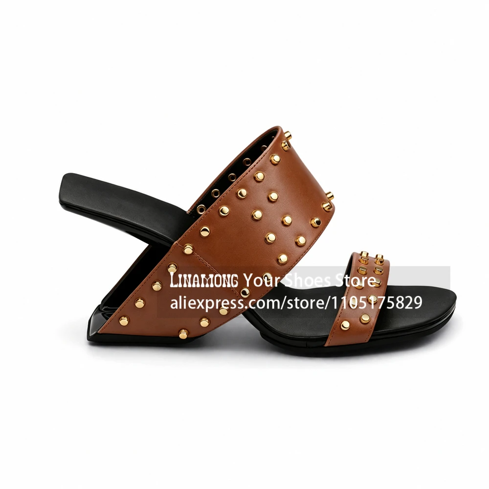 Gold Stud Sculptural Asymmetrical Heel Mules Square Open Toe Designer Sculpted Heel Slippers Novelty Designer Style Summer Shoes