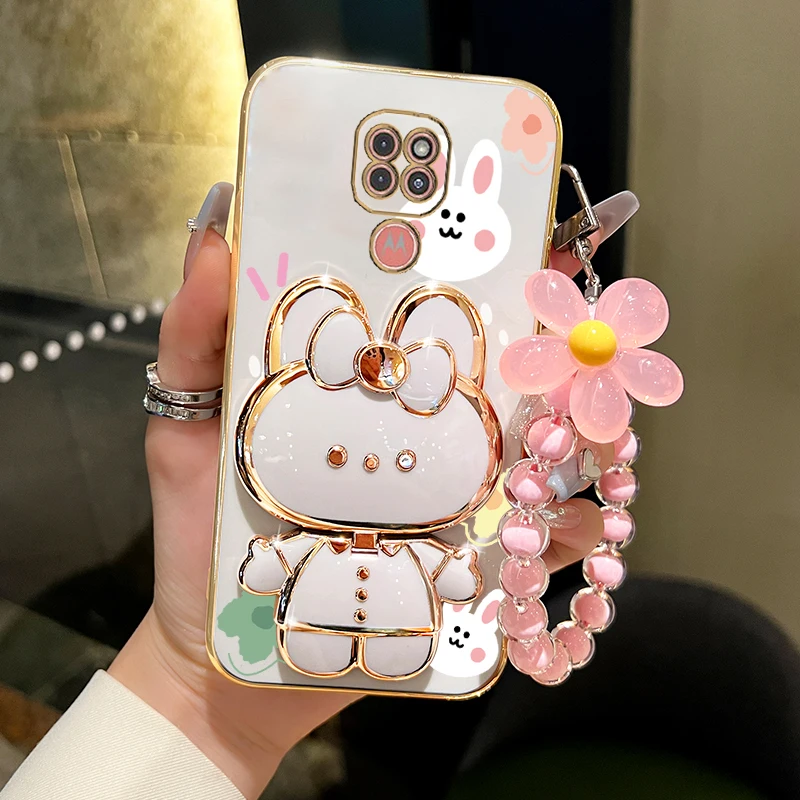 G 9 Flower Strap Makeup Mirror Rabbit Phone Holder Case On For Motorola Moto G9 Play MotoG9 G9Play MototolaG9 Girl Stand Cover