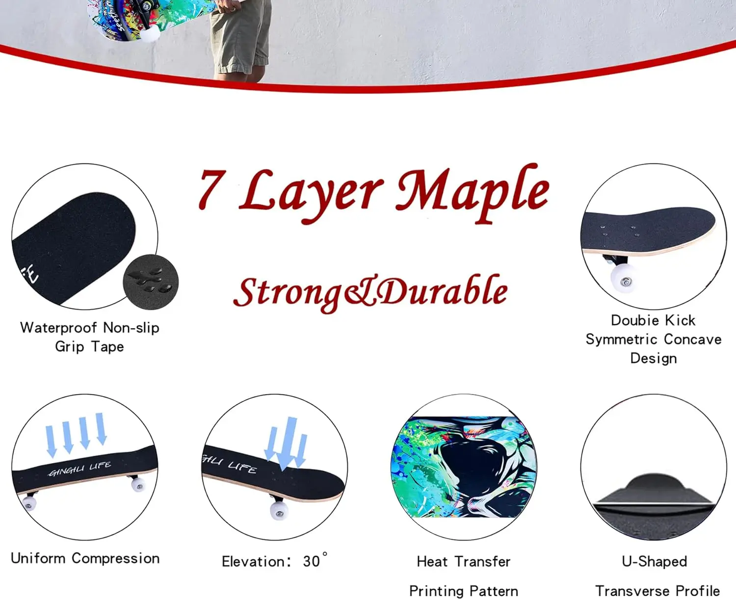 31''x8'' Complete Skateboard for Beginners & All Ages, 7-Layer Maple Deck, Double Kick Concave Design