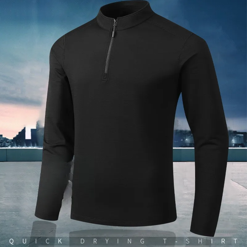 

Мужская весенняя уличная футболка с длинным рукавом и воротником-стойкой для фитнеса, бега, эластичный дышащий быстросохнущий пуловер с половиной молнии, топ